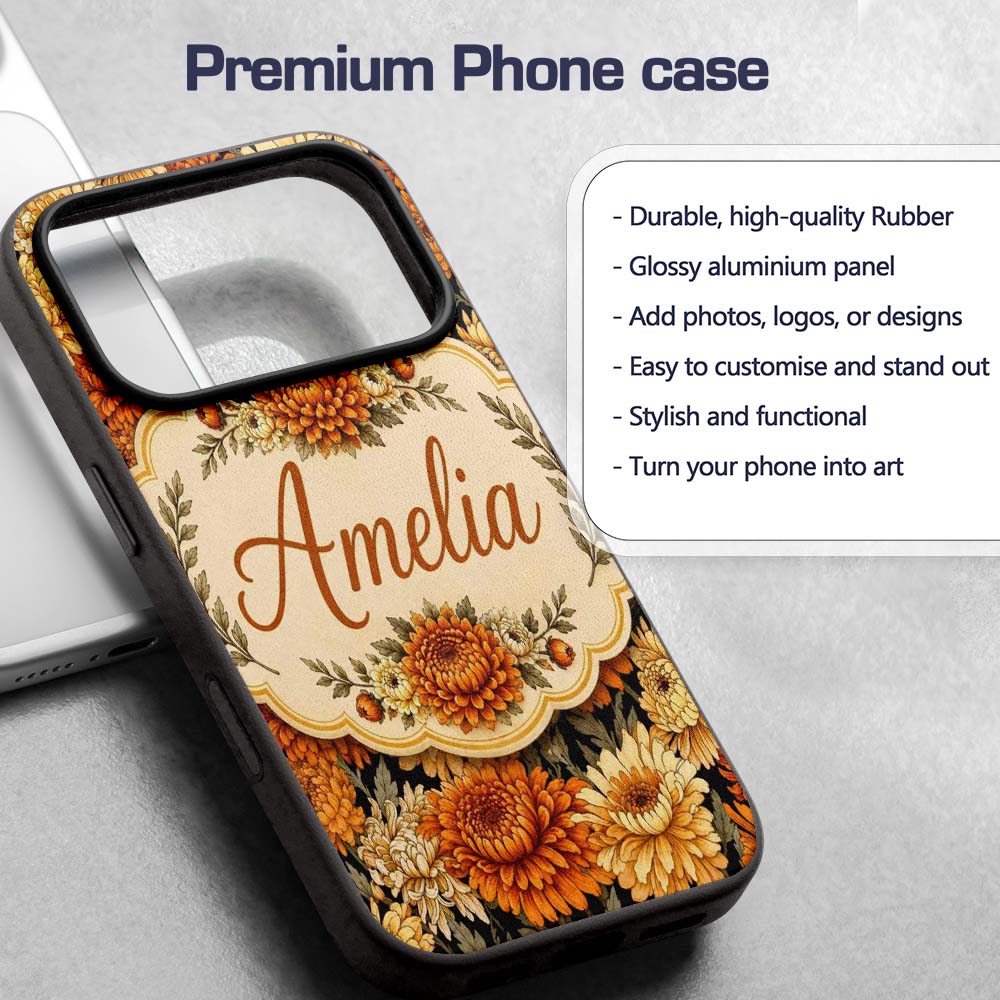 Orange and Cream Chrysanthemum Floral Seamless Custom Name Protective Phone Case Mobile Cover Durable Everyday Smartphone Shock Resistant