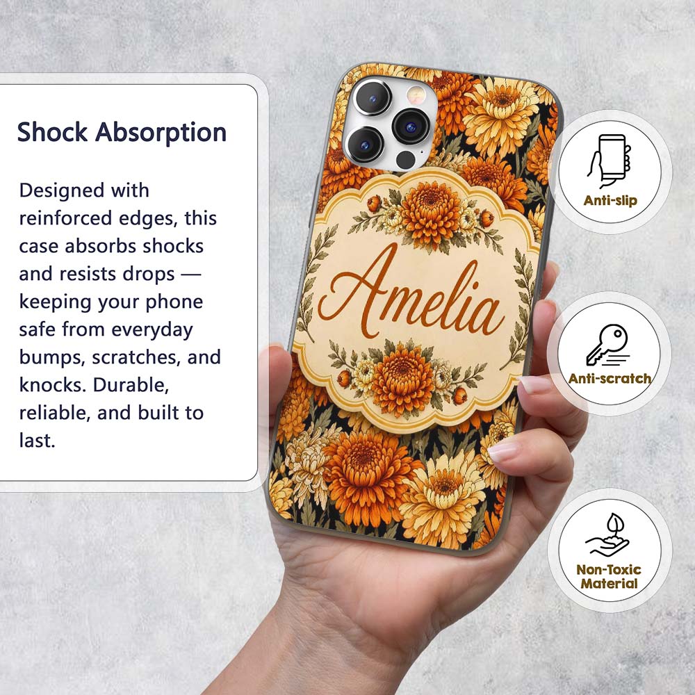 Orange and Cream Chrysanthemum Floral Seamless Custom Name Protective Phone Case Mobile Cover Durable Everyday Smartphone Shock Resistant