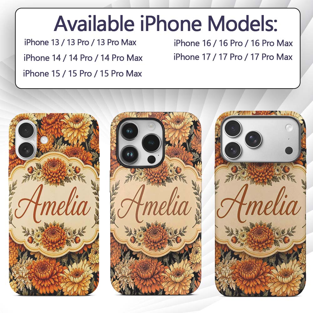 Orange and Cream Chrysanthemum Floral Seamless Custom Name Protective Phone Case Mobile Cover Durable Everyday Smartphone Shock Resistant