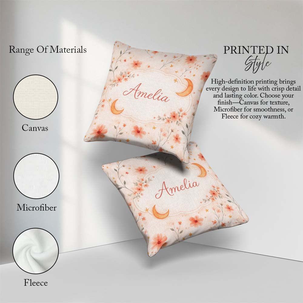Custom Name Celestial Moon Floral Night Sky Seamless Watercolour Square Filled Cushion Throw Pillow Sofa Bed Home Decor Zip Washable UK Made
