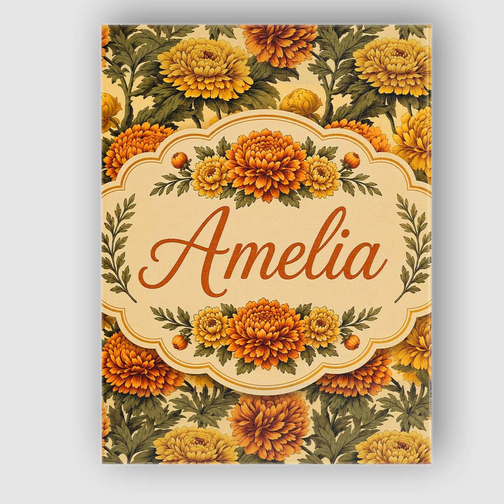 Personalised Name Soft Beige Orange Chrysanthemum Floral Seamless Stylish Home Interior Canvas Wall Art Print Decor Picture Ready to Hang