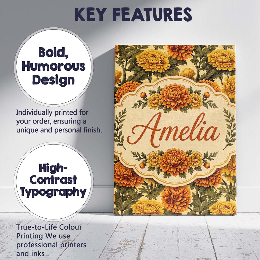 Personalised Name Soft Beige Orange Chrysanthemum Floral Seamless Stylish Home Interior Canvas Wall Art Print Decor Picture Ready to Hang