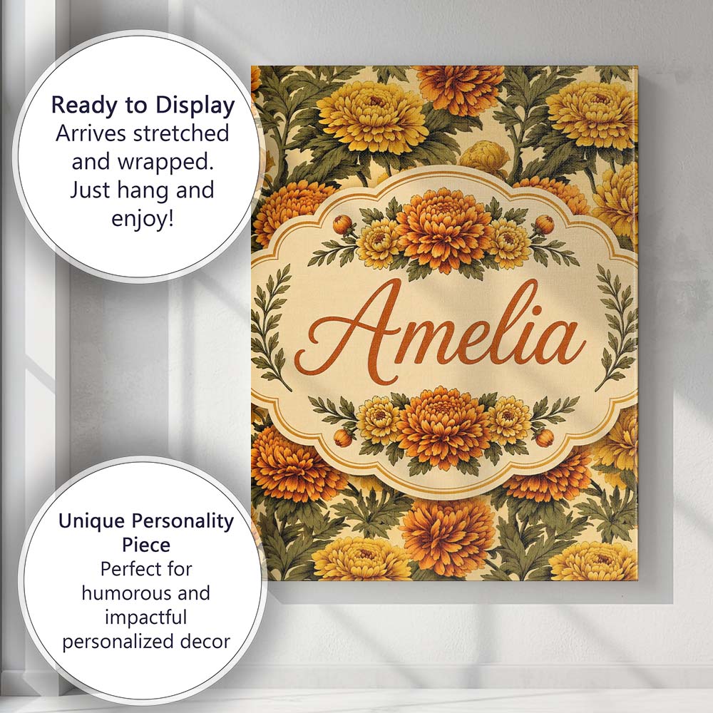 Personalised Name Soft Beige Orange Chrysanthemum Floral Seamless Stylish Home Interior Canvas Wall Art Print Decor Picture Ready to Hang