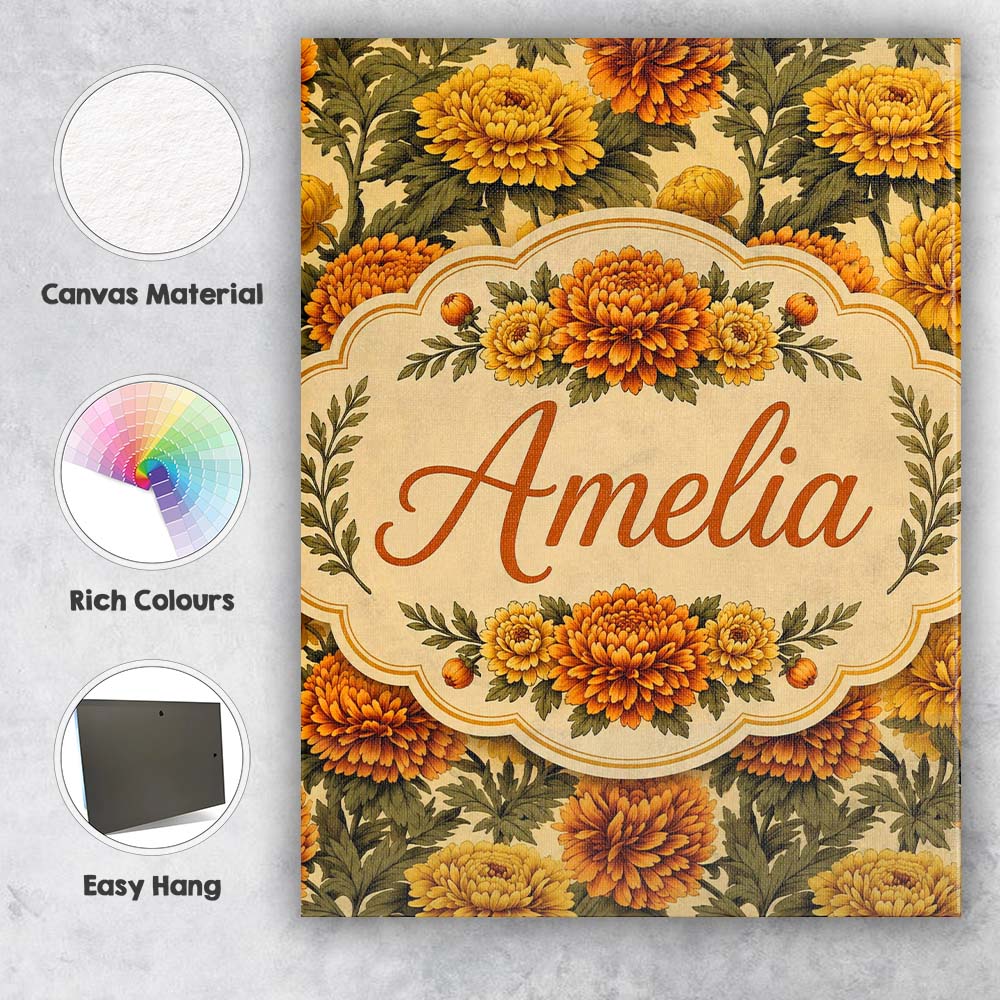 Personalised Name Soft Beige Orange Chrysanthemum Floral Seamless Stylish Home Interior Canvas Wall Art Print Decor Picture Ready to Hang