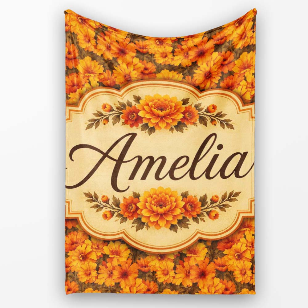 Dense Orange Marigold Floral Seamless Pattern Warm Autumn Tones Personalised Custom Name Super Soft Fleece Blanket Bed Sofa Throw