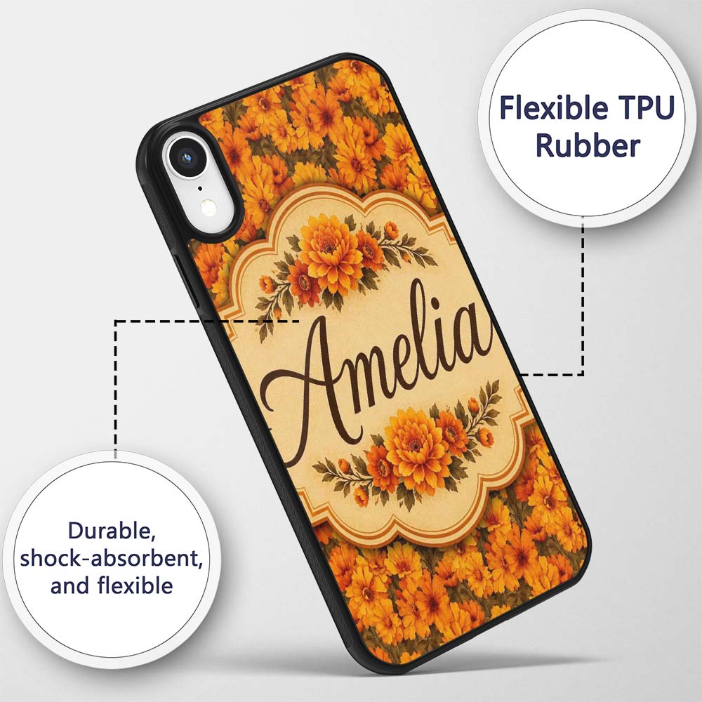 Dense Orange Marigold Floral Seamless Pattern Custom Name Protective Phone Case Mobile Cover Durable Everyday Smartphone Shock Resistant