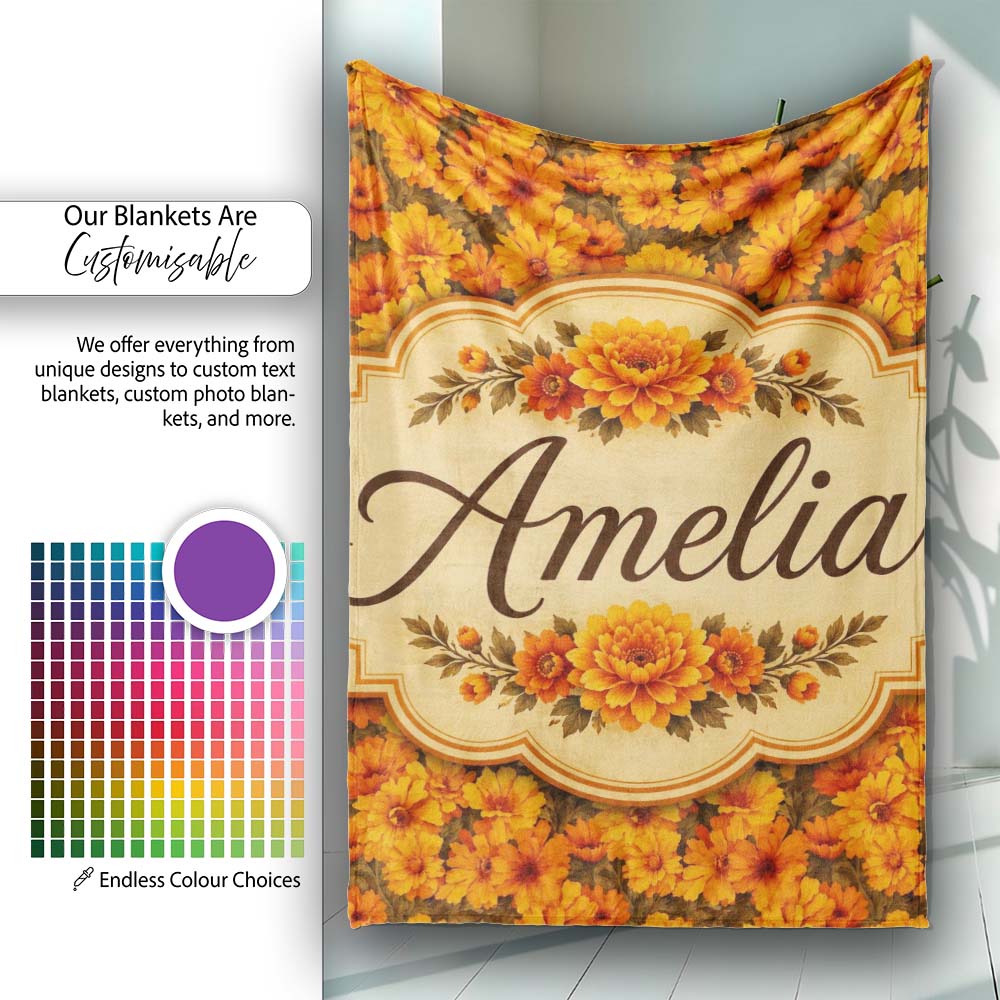 Dense Orange Marigold Floral Seamless Pattern Warm Autumn Tones Personalised Custom Name Super Soft Fleece Blanket Bed Sofa Throw
