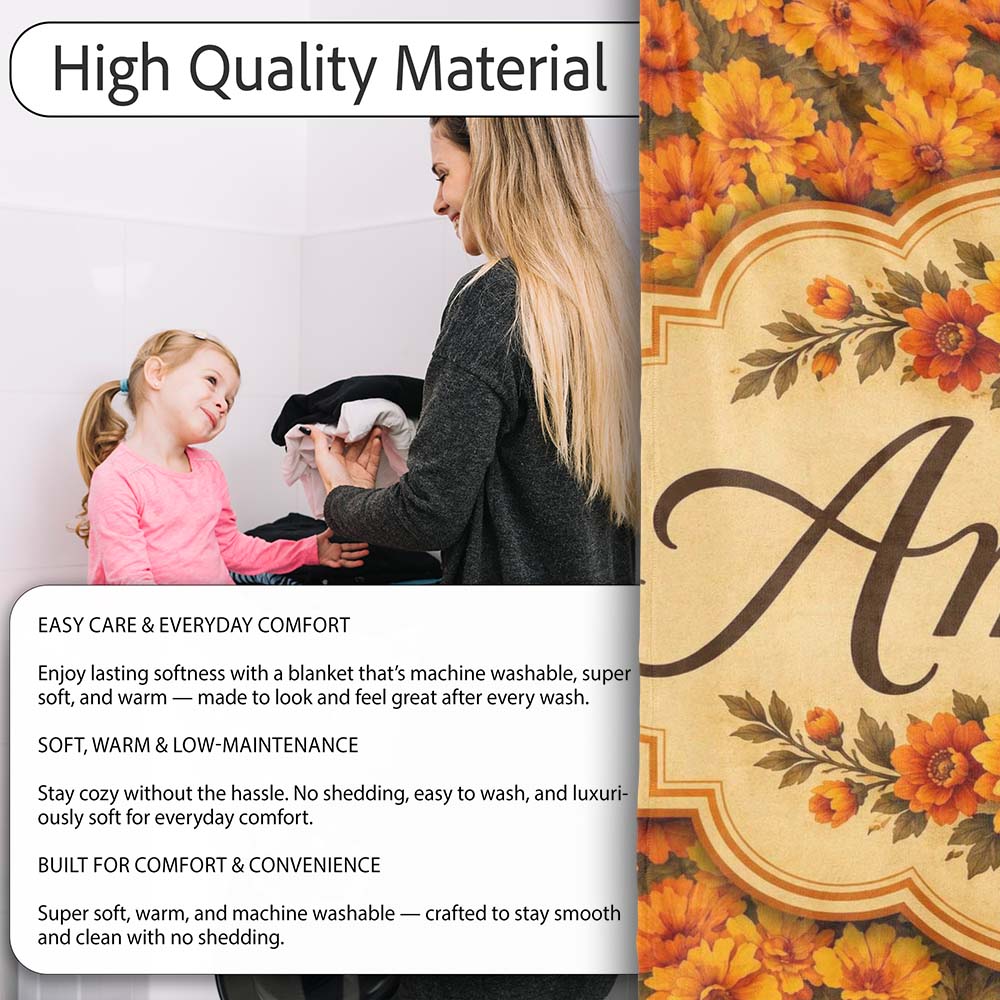 Dense Orange Marigold Floral Seamless Pattern Warm Autumn Tones Personalised Custom Name Super Soft Fleece Blanket Bed Sofa Throw