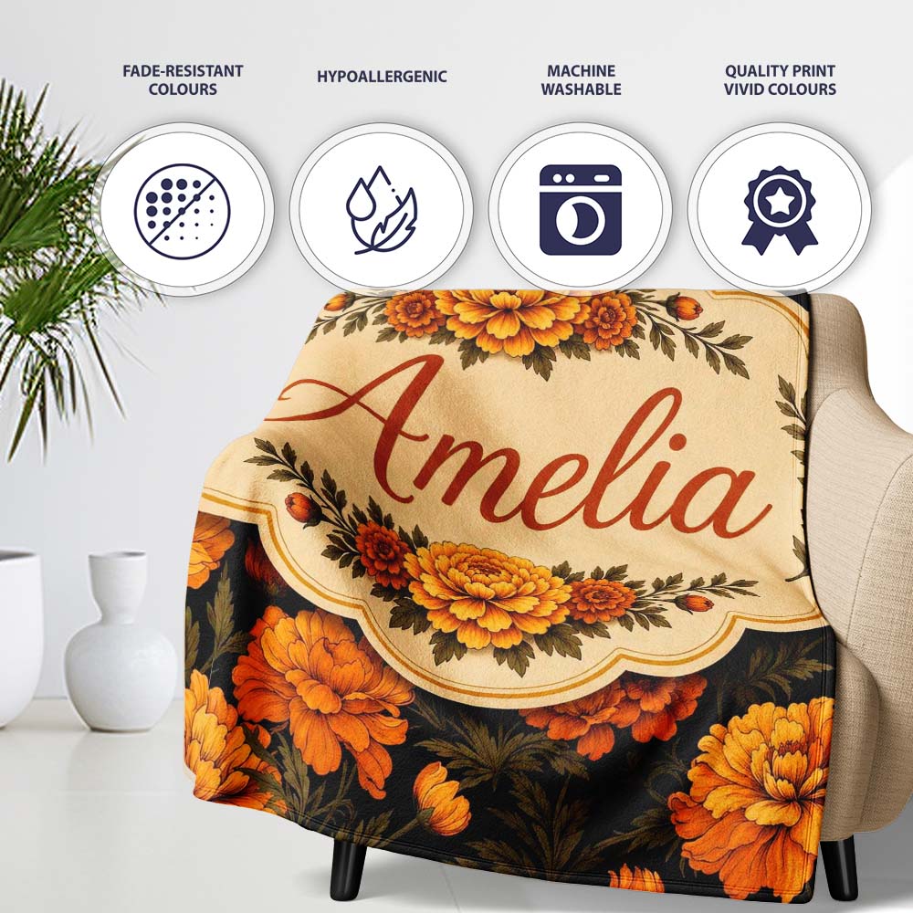 Orange Blossom Floral Seamless Pattern on Black Background Vintage Personalised Custom Name Super Soft Fleece Blanket Bed Sofa Throw