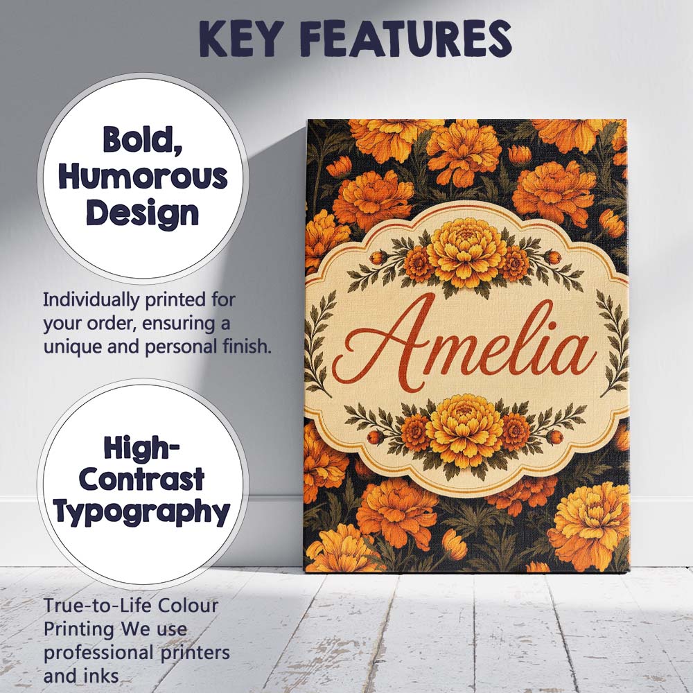 Personalised Name Orange Blossom Floral Custom Modern Room Accent Elegant Feature Canvas Wall Art Print Decor Picture Ready to Hang