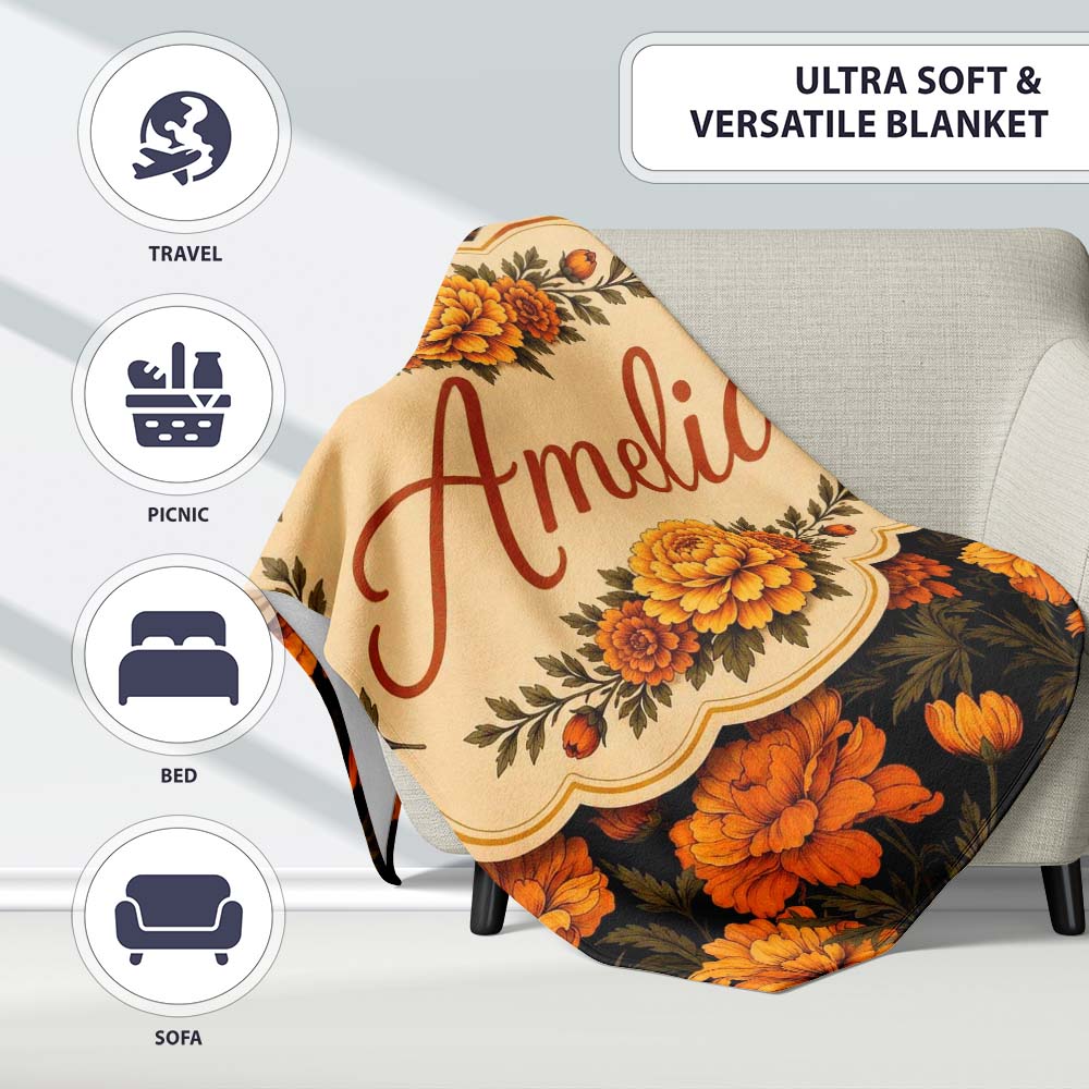 Orange Blossom Floral Seamless Pattern on Black Background Vintage Personalised Custom Name Super Soft Fleece Blanket Bed Sofa Throw