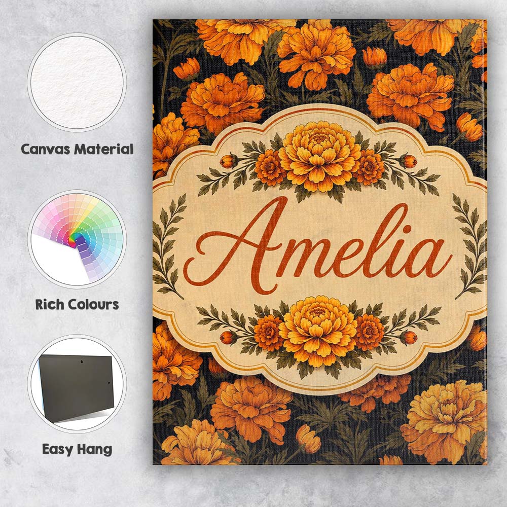 Personalised Name Orange Blossom Floral Custom Modern Room Accent Elegant Feature Canvas Wall Art Print Decor Picture Ready to Hang
