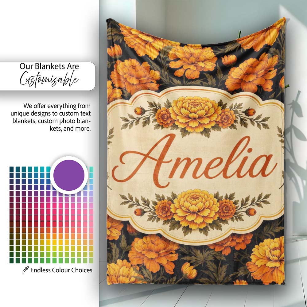Orange Blossom Floral Seamless Pattern on Black Background Vintage Personalised Custom Name Super Soft Fleece Blanket Bed Sofa Throw