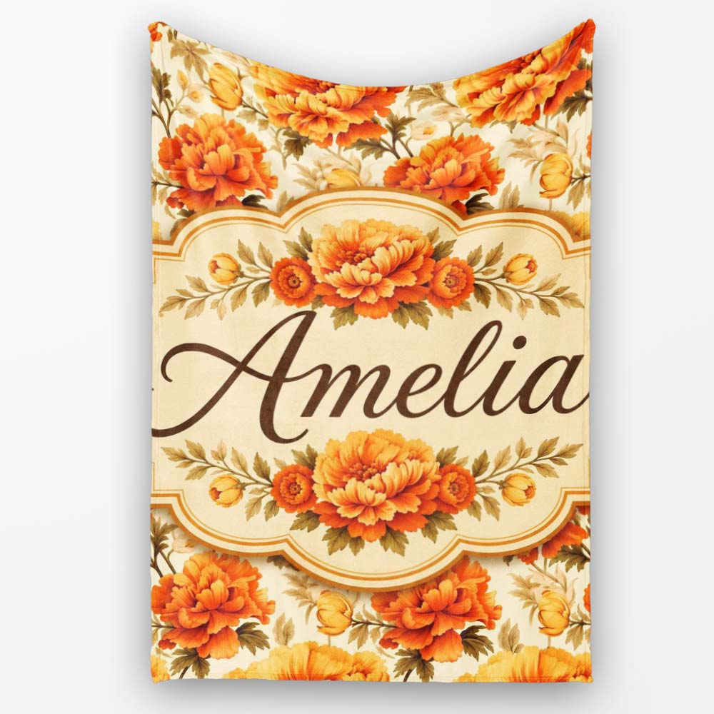 Large Orange and Cream Chrysanthemum Floral Seamless Pattern Bold Personalised Custom Name Super Soft Fleece Blanket Bed Sofa Throw