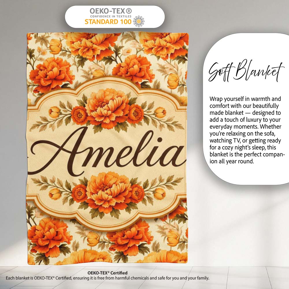 Large Orange and Cream Chrysanthemum Floral Seamless Pattern Bold Personalised Custom Name Super Soft Fleece Blanket Bed Sofa Throw
