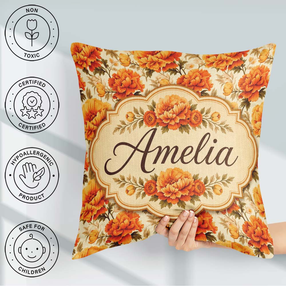 Custom Name Large Orange and Cream Floral Seamless Pattern Bold Square Filled Cushion Throw Pillow Sofa Bed Home Decor Zip Washable UK Made