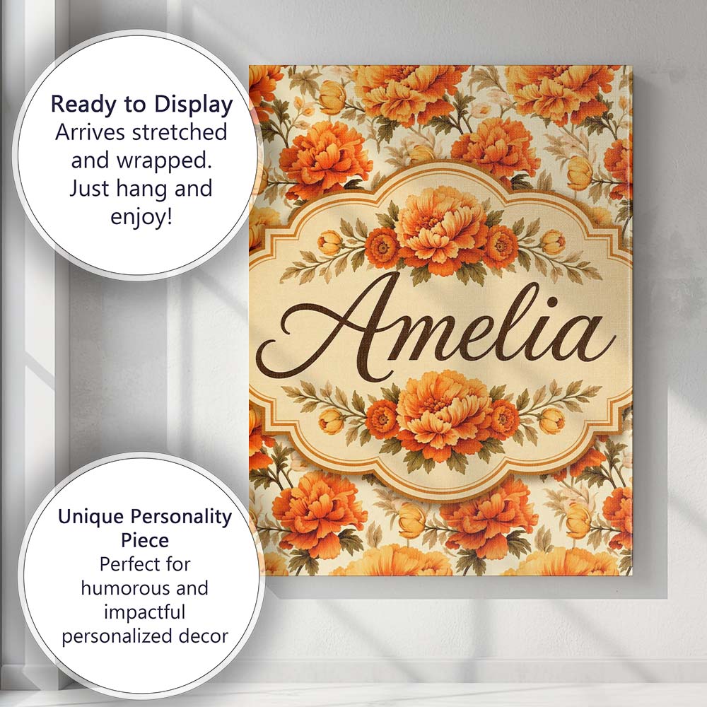 Personalised Name Large Orange and Cream Custom Unique Gift Idea Elegant Feature Canvas Wall Art Print Decor Picture Ready to Hang