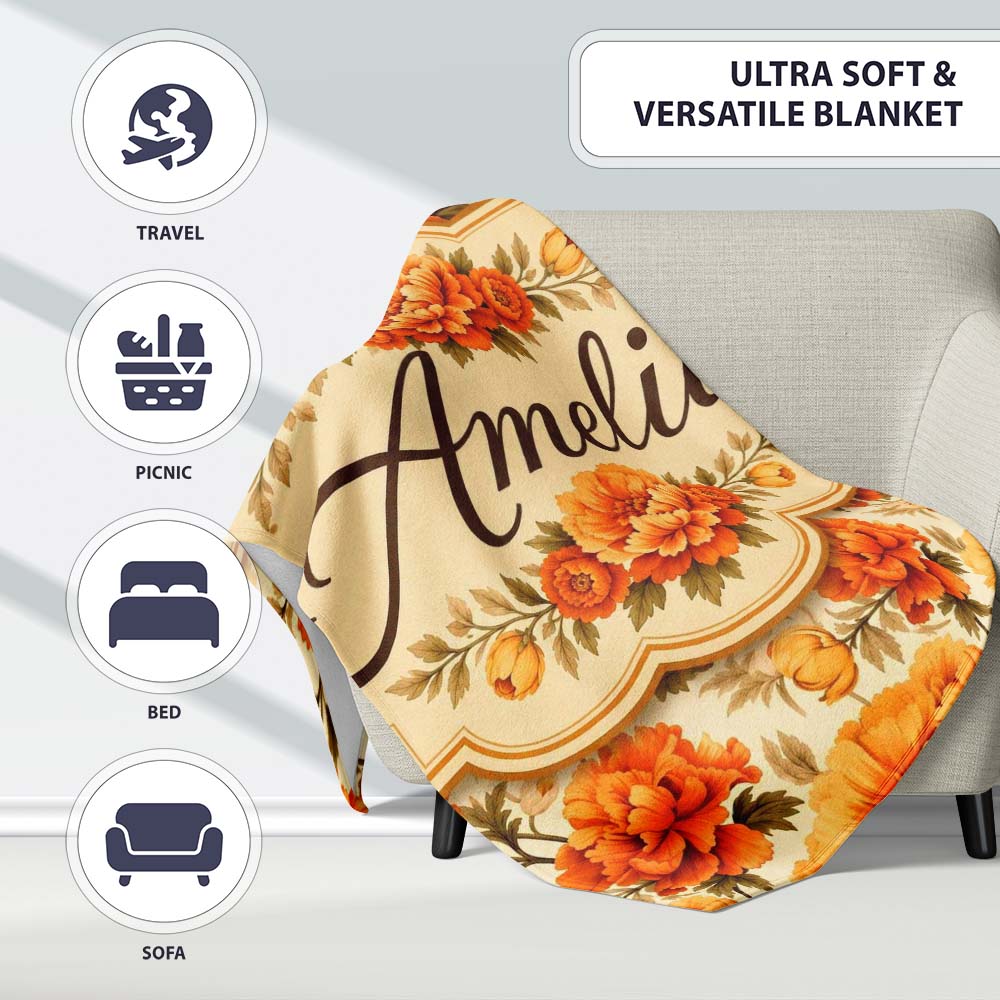 Large Orange and Cream Chrysanthemum Floral Seamless Pattern Bold Personalised Custom Name Super Soft Fleece Blanket Bed Sofa Throw