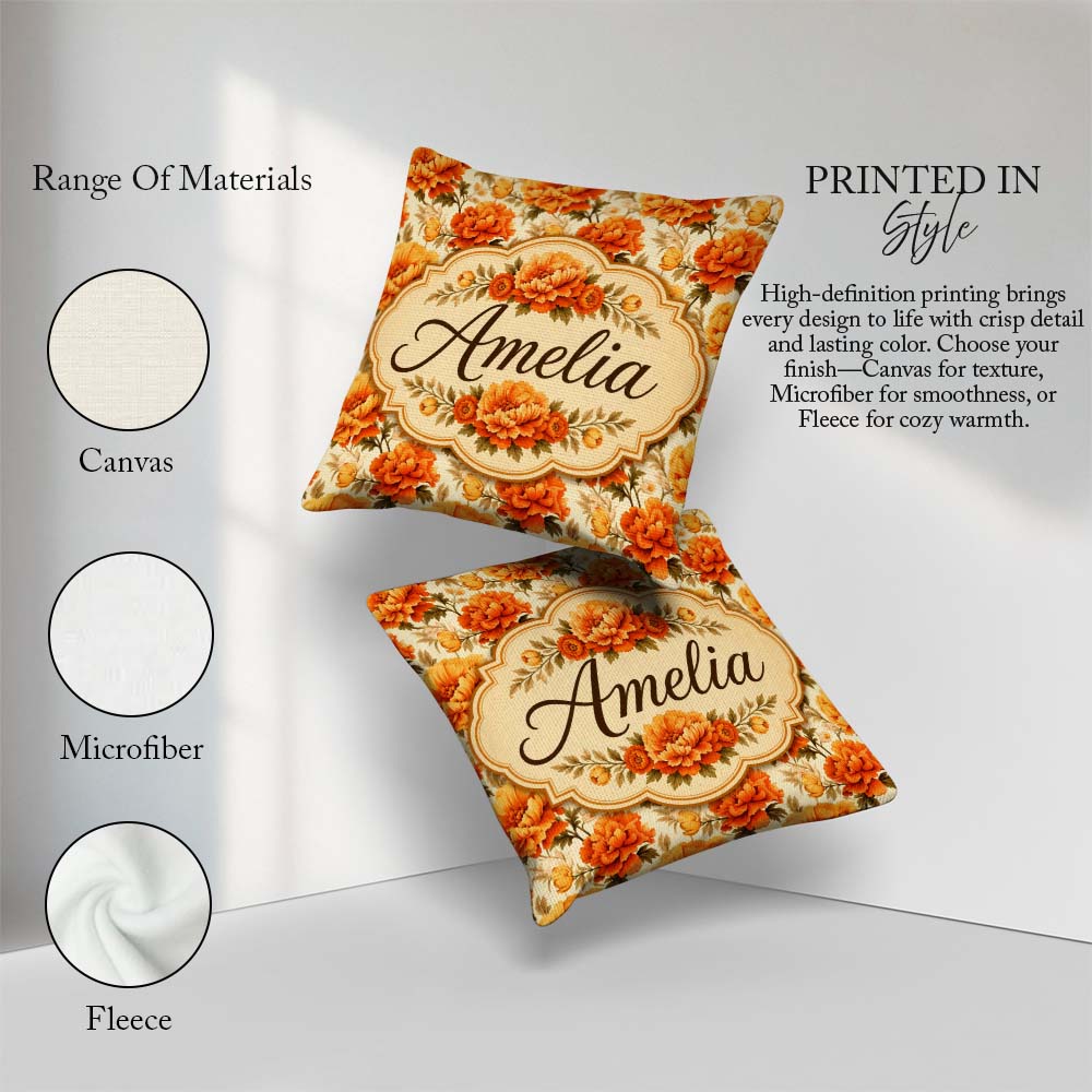 Custom Name Large Orange and Cream Floral Seamless Pattern Bold Square Filled Cushion Throw Pillow Sofa Bed Home Decor Zip Washable UK Made