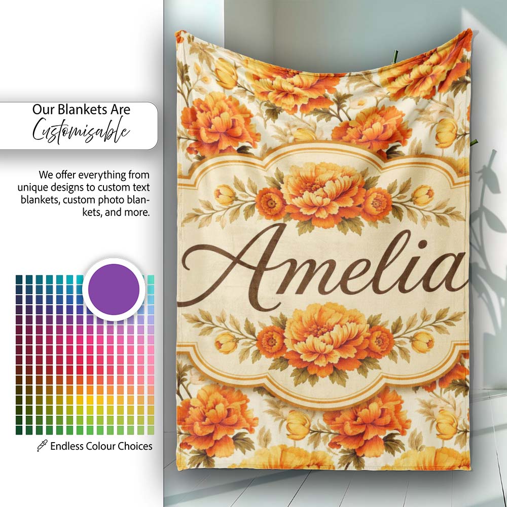 Large Orange and Cream Chrysanthemum Floral Seamless Pattern Bold Personalised Custom Name Super Soft Fleece Blanket Bed Sofa Throw