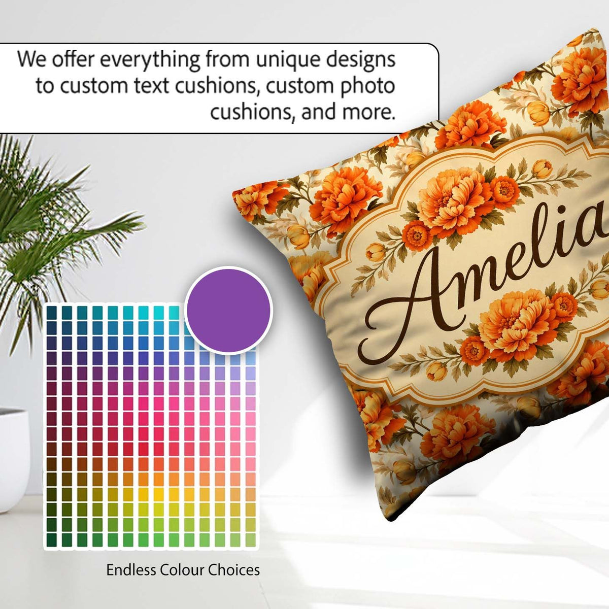 Custom Name Large Orange and Cream Floral Seamless Pattern Bold Square Filled Cushion Throw Pillow Sofa Bed Home Decor Zip Washable UK Made
