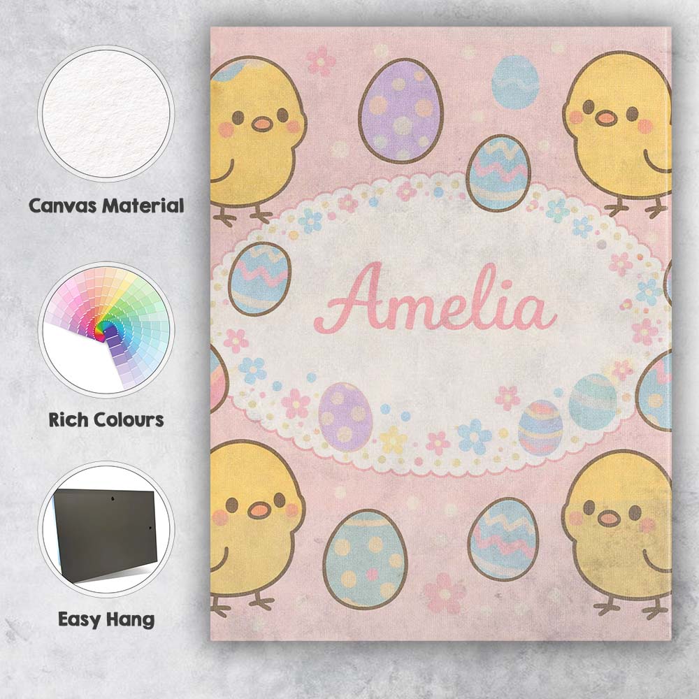 Personalised Name Cute Easter Chick Eggs Cartoon Animal Pattern Custom Statement Canvas Wall Art Print Decor Picture Ready to Hang