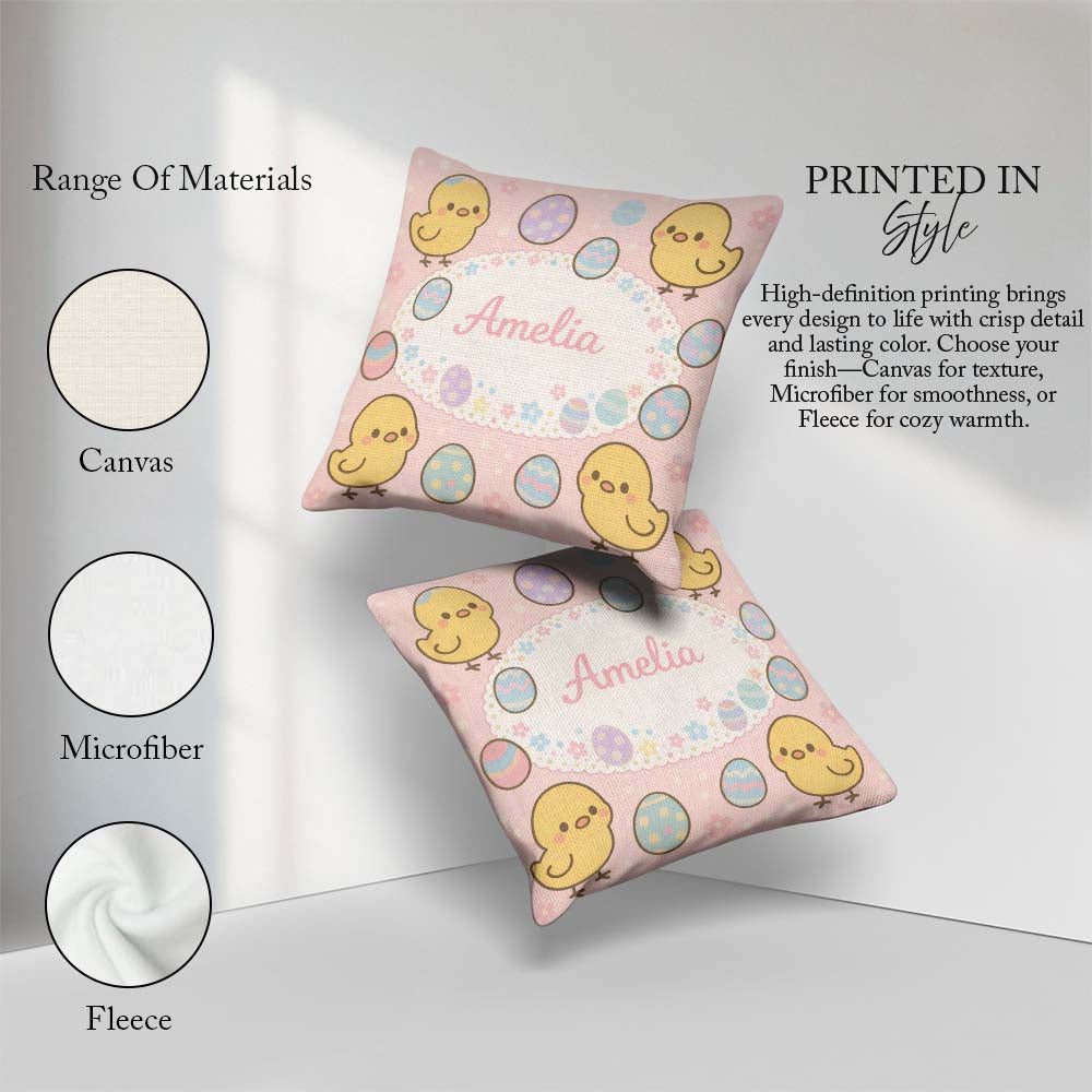Custom Name Easter Chick Eggs Cartoon Animal Pattern Everyday Square Filled Cushion Throw Pillow Sofa Bed Home Decor Zip Washable UK Made