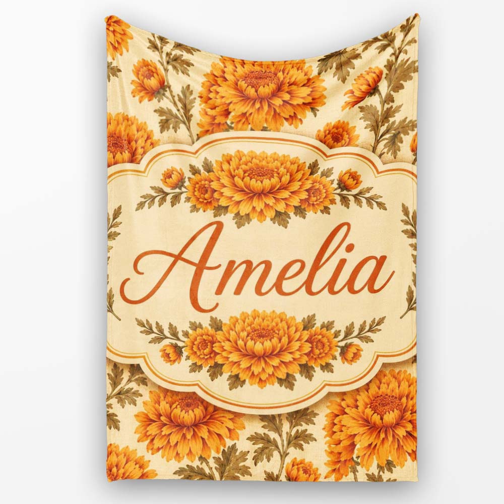 Classic Orange Chrysanthemum Floral Seamless Pattern on Beige Lovely Personalised Custom Name Super Soft Fleece Blanket Bed Sofa Throw
