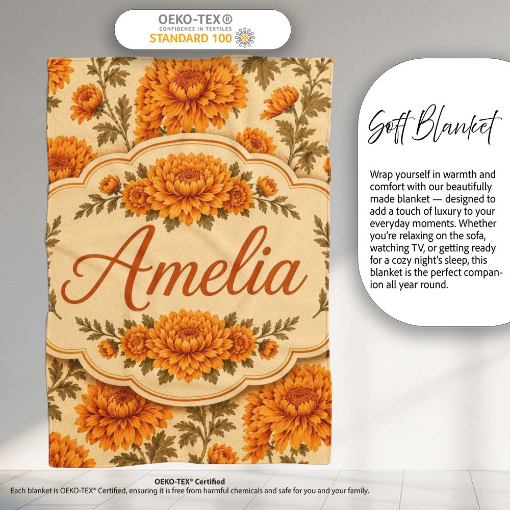 Classic Orange Chrysanthemum Floral Seamless Pattern on Beige Lovely Personalised Custom Name Super Soft Fleece Blanket Bed Sofa Throw