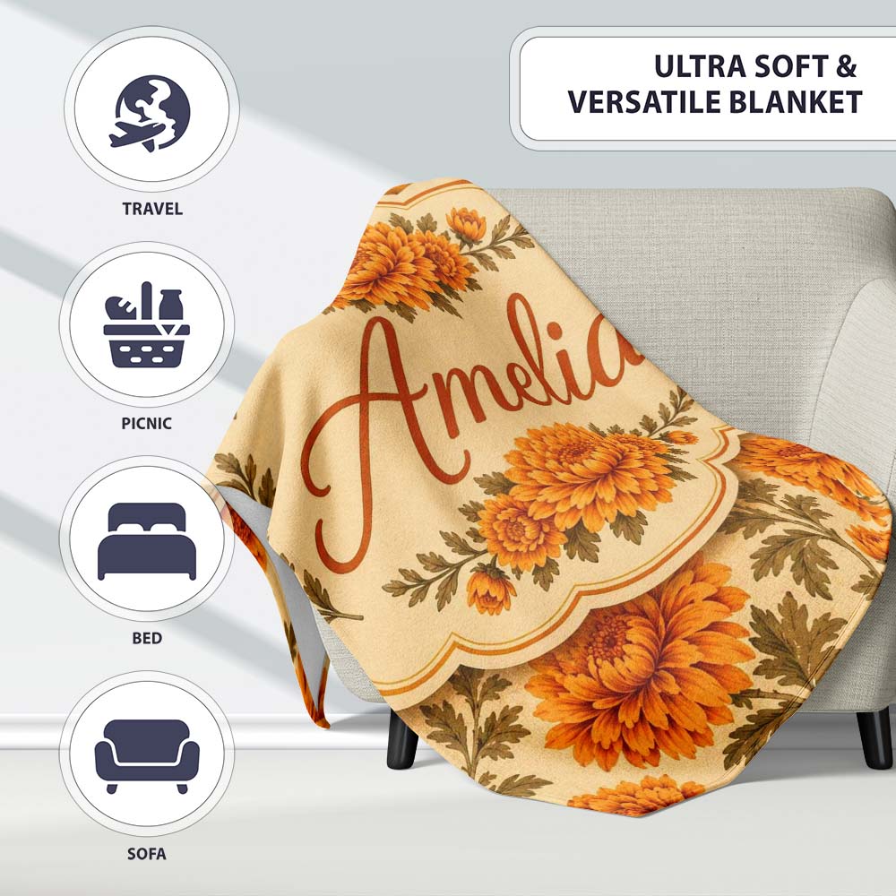 Classic Orange Chrysanthemum Floral Seamless Pattern on Beige Lovely Personalised Custom Name Super Soft Fleece Blanket Bed Sofa Throw