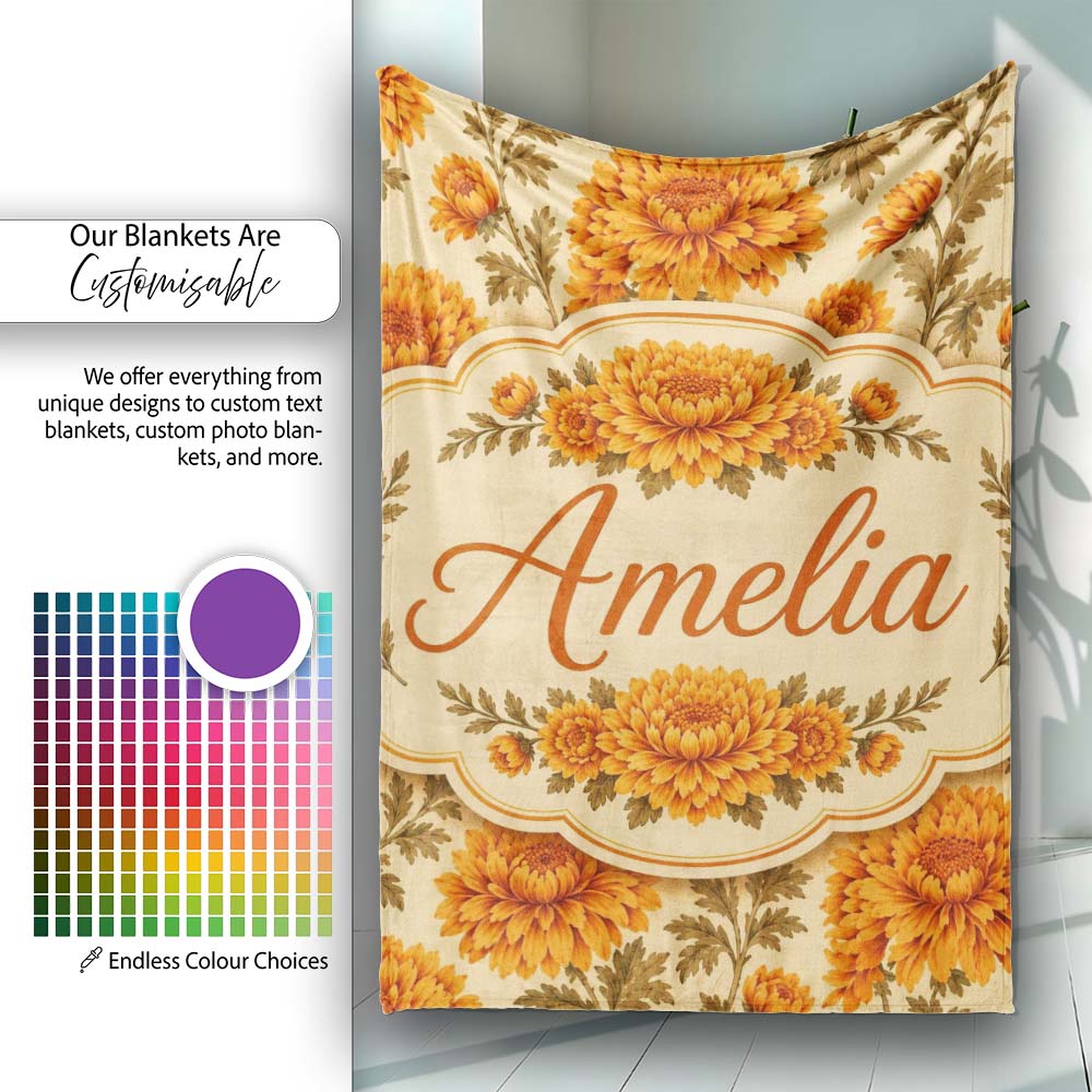 Classic Orange Chrysanthemum Floral Seamless Pattern on Beige Lovely Personalised Custom Name Super Soft Fleece Blanket Bed Sofa Throw