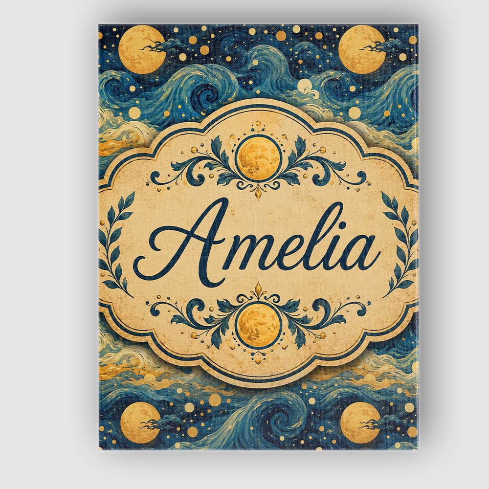 Personalised Name Ocean Waves and Moon Custom Modern Room Accent Elegant Feature Canvas Wall Art Print Decor Picture Ready to Hang