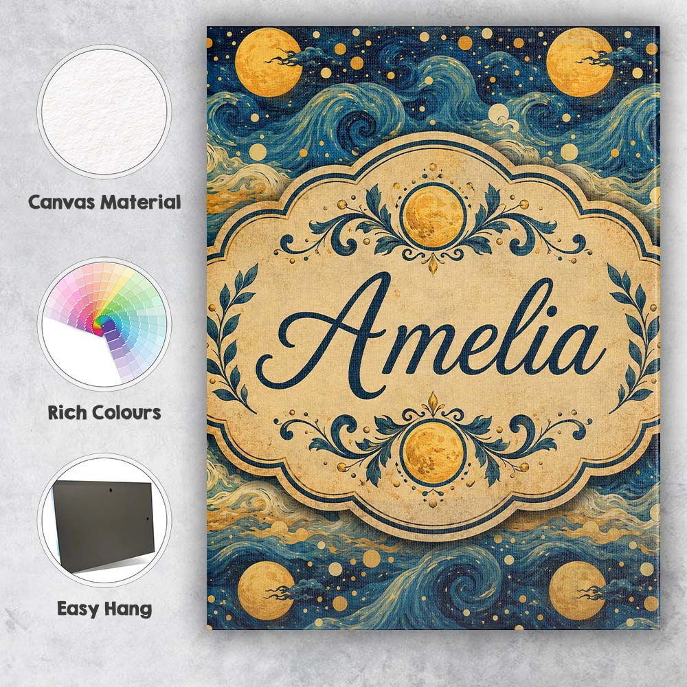 Personalised Name Ocean Waves and Moon Custom Modern Room Accent Elegant Feature Canvas Wall Art Print Decor Picture Ready to Hang