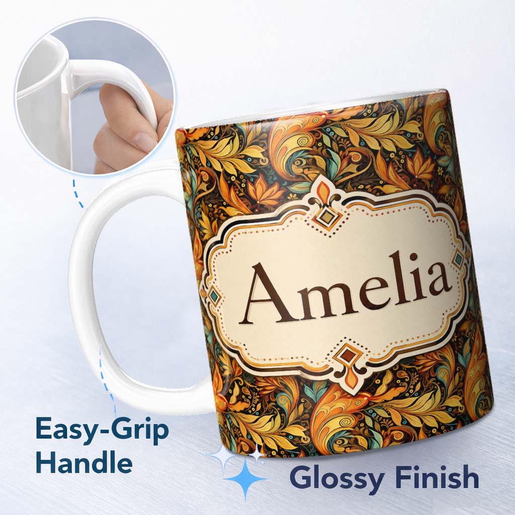 Personalized Custom Name Golden Orange Ornamental Paisley Leaf Swirl Seamless Pattern Lovely 11oz Ceramic Coffee Tea Mug White Large Handle