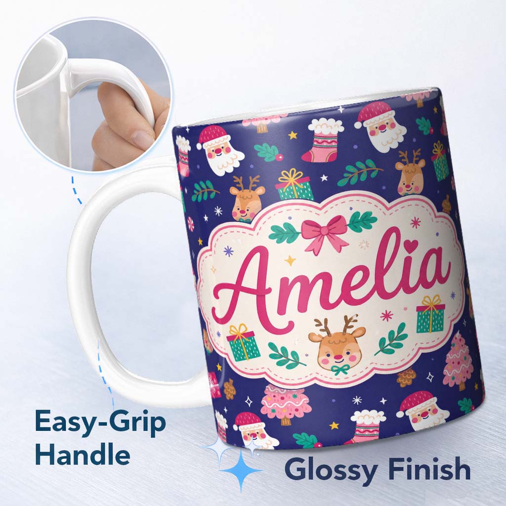 Personalized Custom Name Cute Santa Reindeer Gift Christmas Tree Seamless Pattern Lovely 11oz Ceramic Coffee Tea Mug White Large Handle