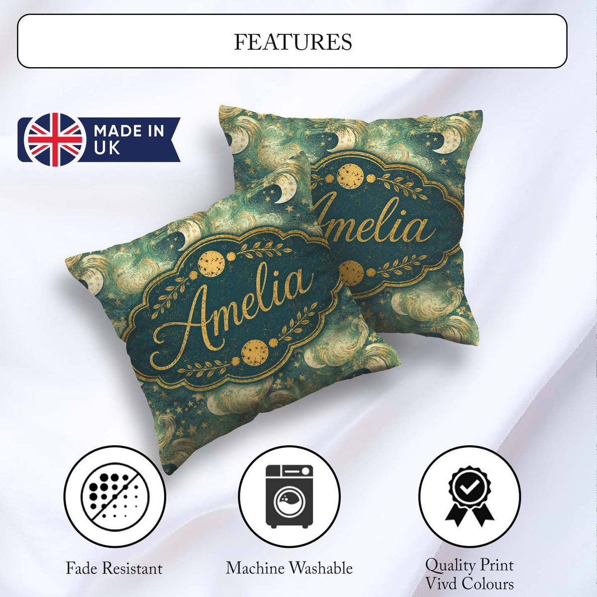 Custom Name Celestial Moon and Stars Seamless Pattern Dreamy Sky Square Filled Cushion Throw Pillow Sofa Bed Home Decor Zip Washable UK Made