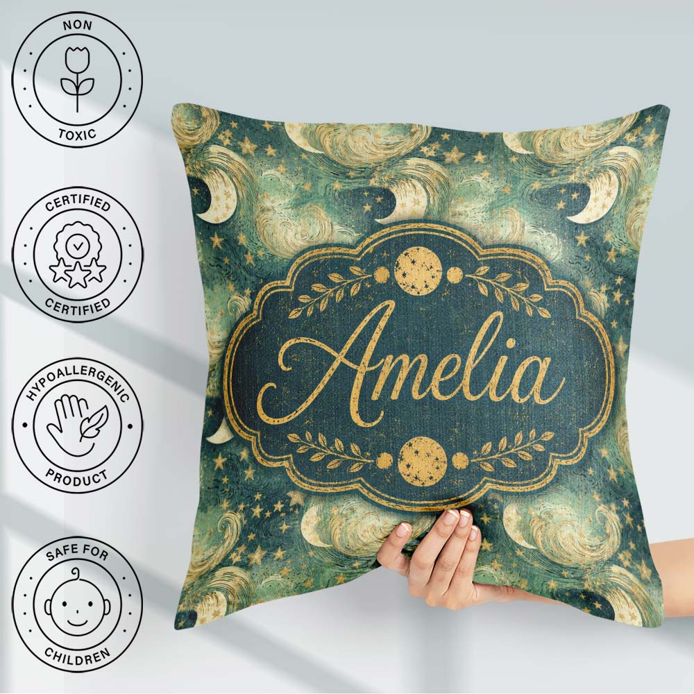 Custom Name Celestial Moon and Stars Seamless Pattern Dreamy Sky Square Filled Cushion Throw Pillow Sofa Bed Home Decor Zip Washable UK Made