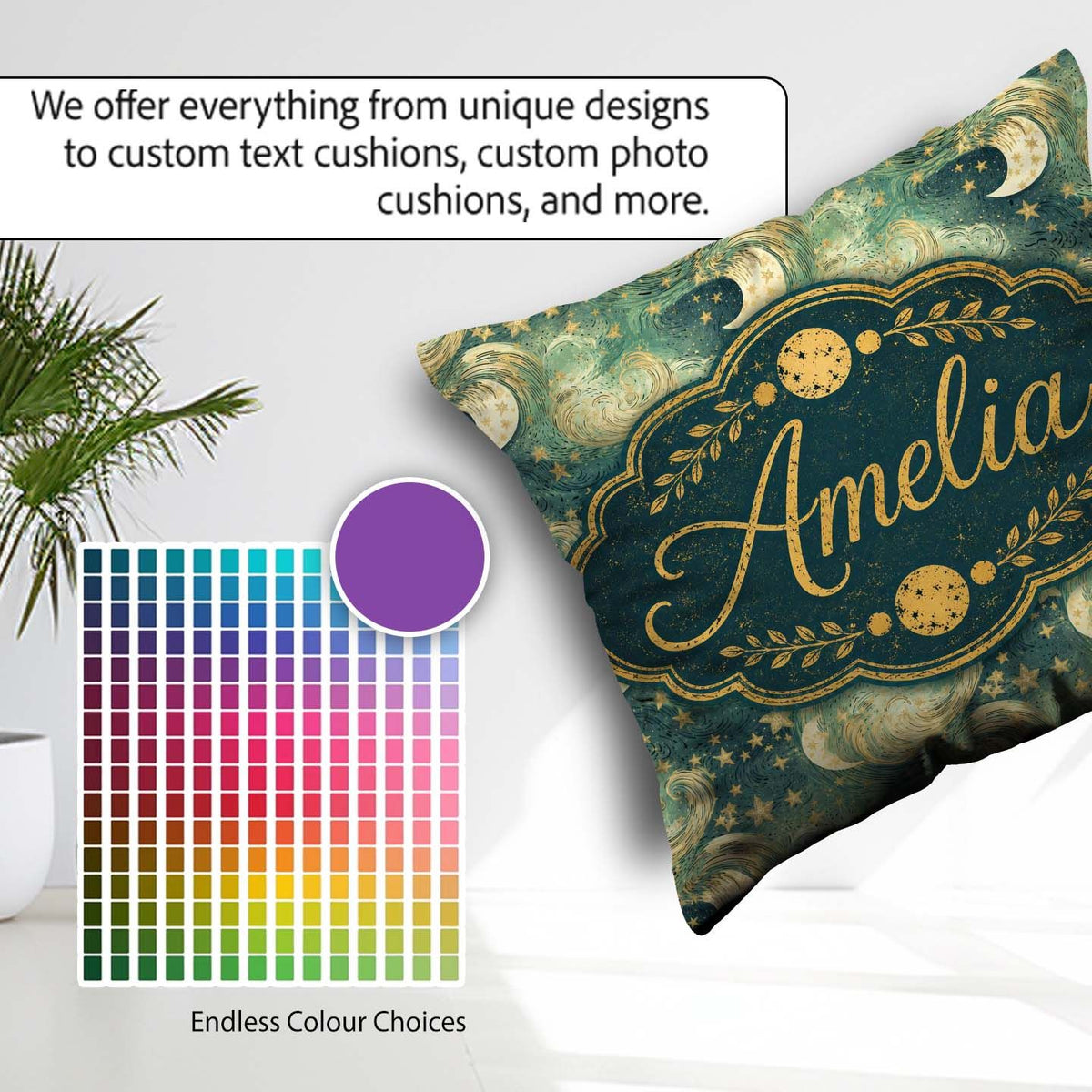 Custom Name Celestial Moon and Stars Seamless Pattern Dreamy Sky Square Filled Cushion Throw Pillow Sofa Bed Home Decor Zip Washable UK Made