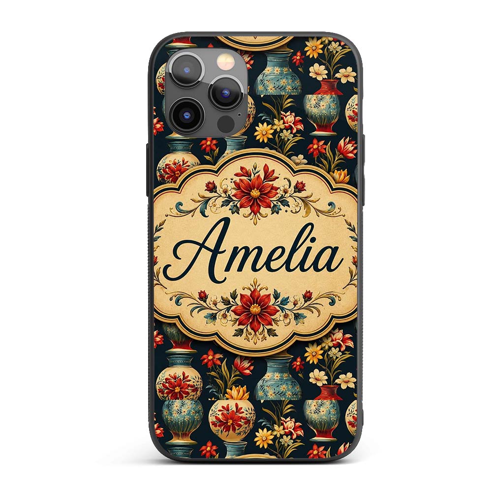 Vintage Floral Vase Seamless Pattern Classic Custom Name Protective Phone Case Mobile Cover Durable Everyday Smartphone Shock Resistant