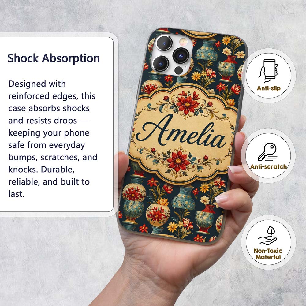 Vintage Floral Vase Seamless Pattern Classic Custom Name Protective Phone Case Mobile Cover Durable Everyday Smartphone Shock Resistant