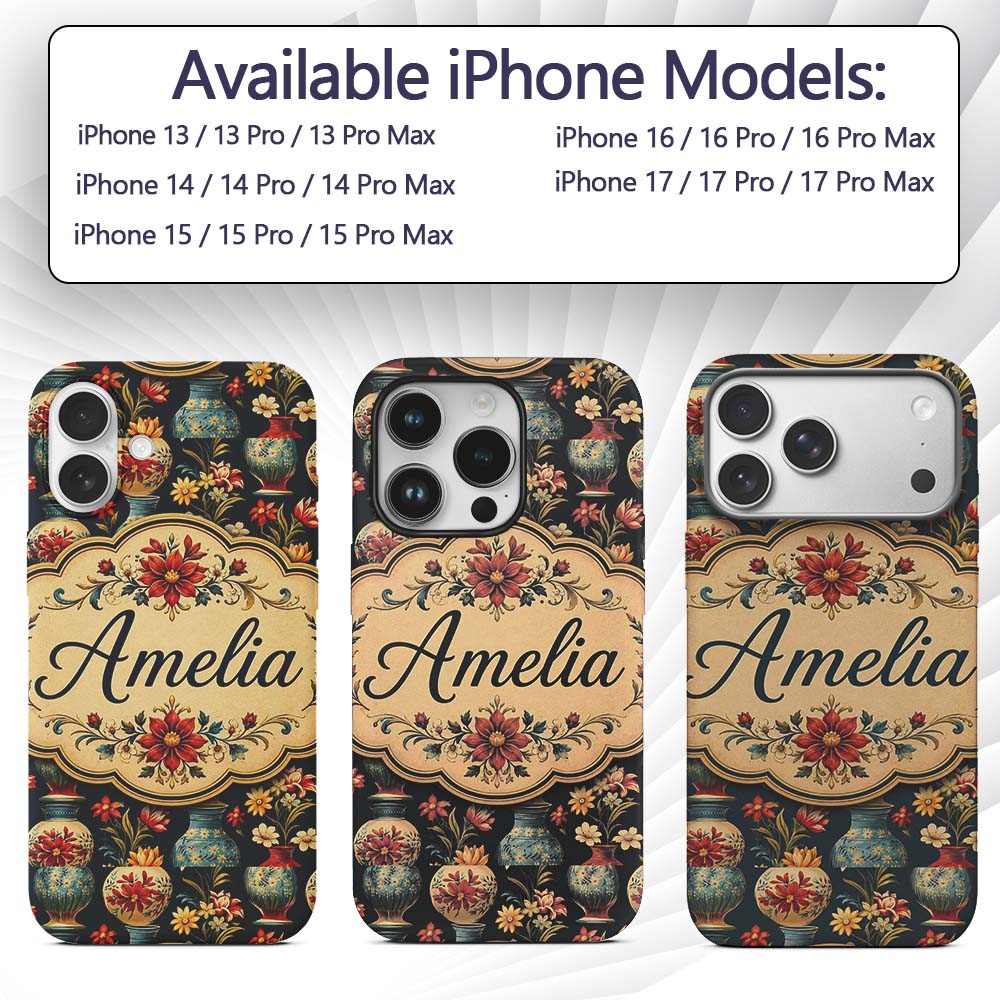 Vintage Floral Vase Seamless Pattern Classic Custom Name Protective Phone Case Mobile Cover Durable Everyday Smartphone Shock Resistant