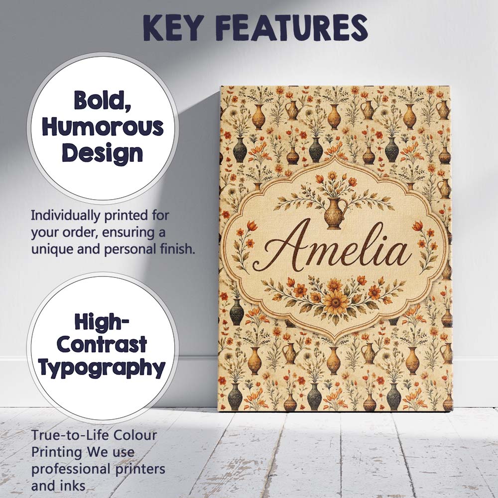 Personalised Name Antique Floral Vase Custom Modern Room Accent Creative Decorator Style Canvas Wall Art Print Decor Picture Ready to Hang