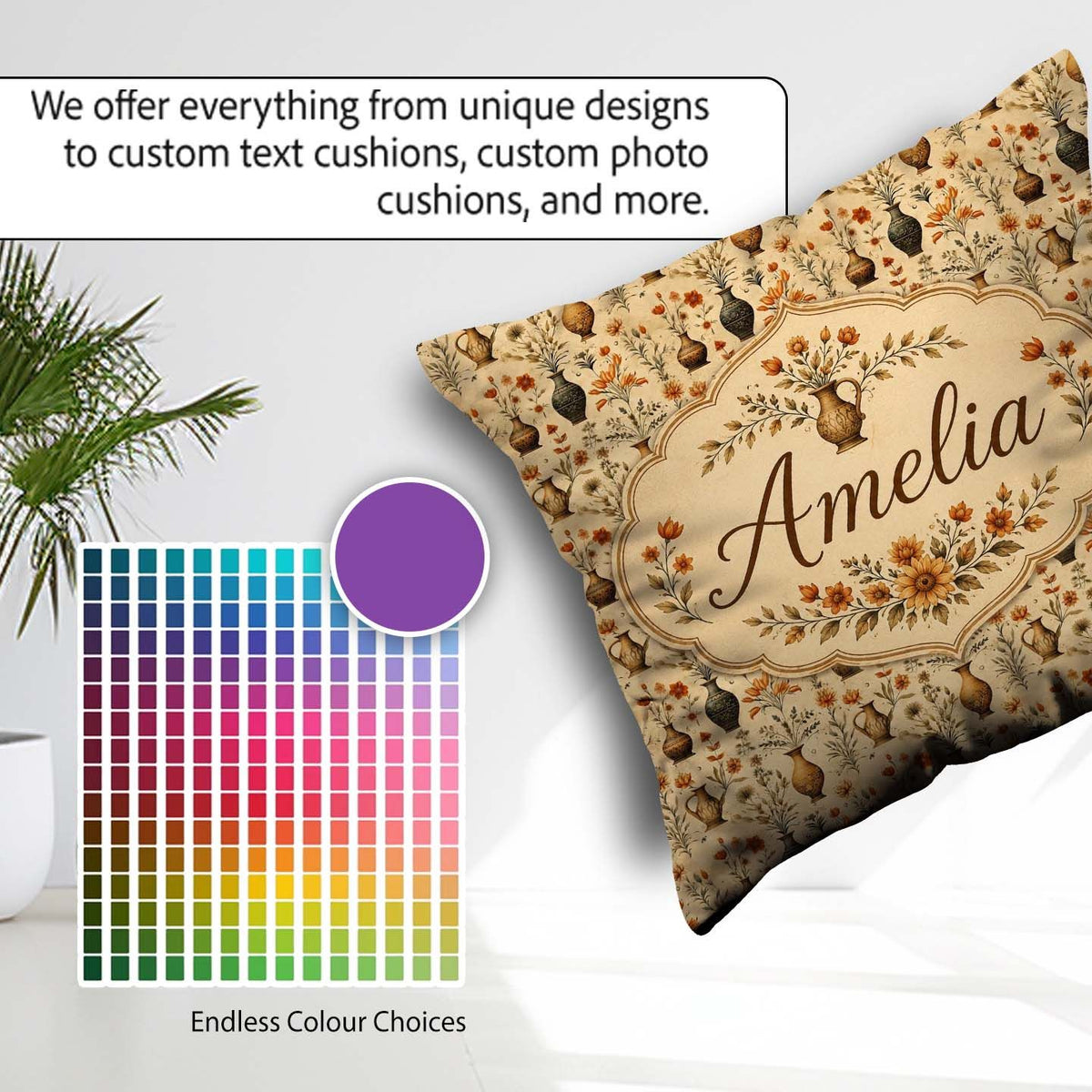 Custom Name Antique Floral Vase Seamless Pattern Classic Pottery Square Filled Cushion Throw Pillow Sofa Bed Home Decor Zip Washable UK Made