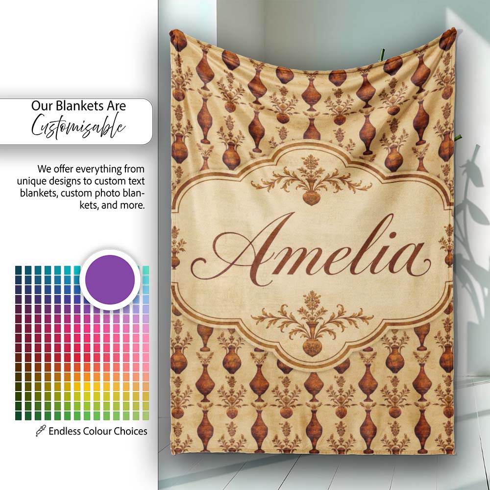 Classic Brown Vase Pattern Repeating Vintage Pottery Botanical Personalised Custom Name Super Soft Fleece Blanket Bed Sofa Throw