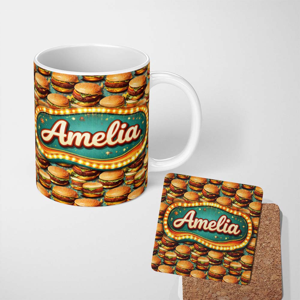 Personalized Custom Name Realistic Juicy Cheeseburger Dark Green Background Fast Food Design 11oz Ceramic Coffee Tea Mug White Large Handle