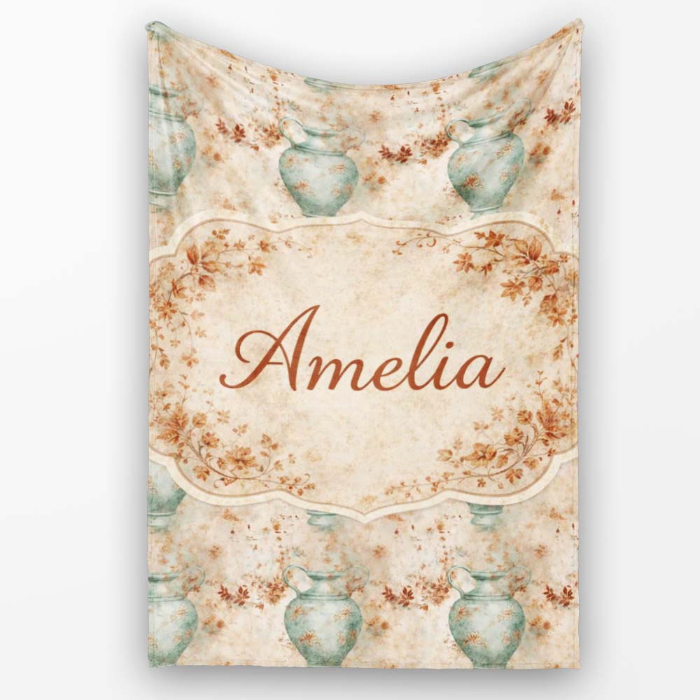 Distressed Green Vase Seamless Pattern Vintage Floral Rustic Texture Personalised Custom Name Super Soft Fleece Blanket Bed Sofa Throw