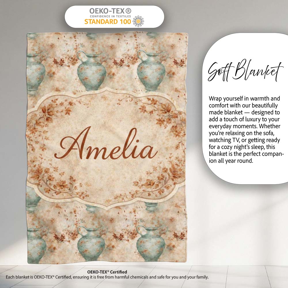 Distressed Green Vase Seamless Pattern Vintage Floral Rustic Texture Personalised Custom Name Super Soft Fleece Blanket Bed Sofa Throw