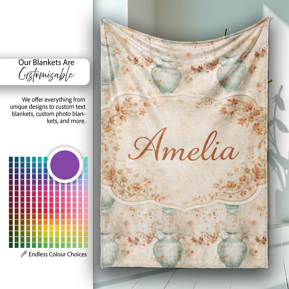 Distressed Green Vase Seamless Pattern Vintage Floral Rustic Texture Personalised Custom Name Super Soft Fleece Blanket Bed Sofa Throw