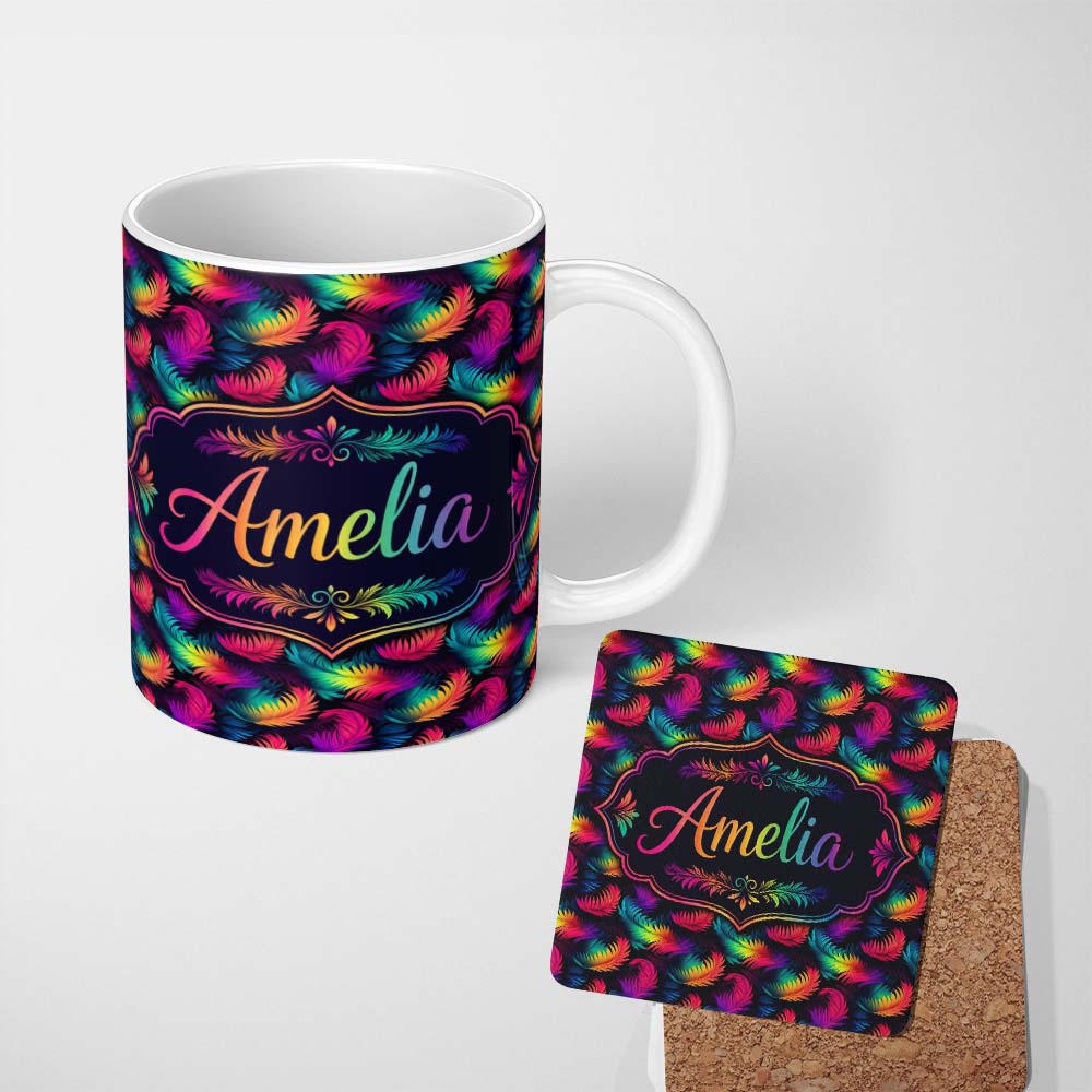 Personalized Custom Name Vibrant Rainbow Feather Pattern on Black Background Seamless Lovely 11oz Ceramic Coffee Tea Mug White Large Handle