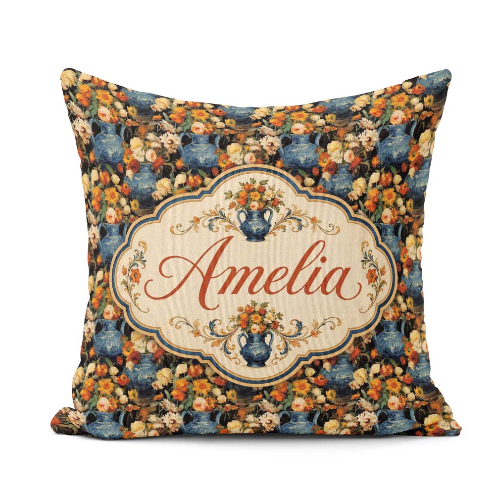 Custom Name Dark Blue Vase Floral Arrangement Seamless Botanical Square Filled Cushion Throw Pillow Sofa Bed Home Decor Zip Washable UK Made